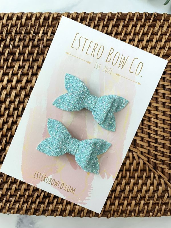2.5” Aqua Blue Glitter Pigtail Bows - Image 2