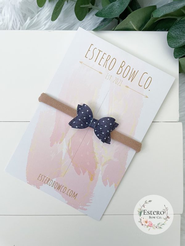 1.72” Polka Dot Denim Vegan Leather Hair Bow - Image 2