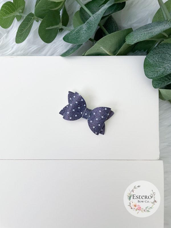 1.72” Polka Dot Denim Vegan Leather Hair Bow - Image 3