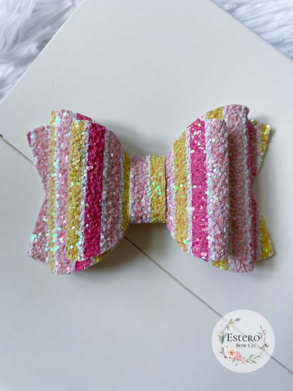 3.5” Pink Lemonade Summer Stripes Hair Bow - Image 3