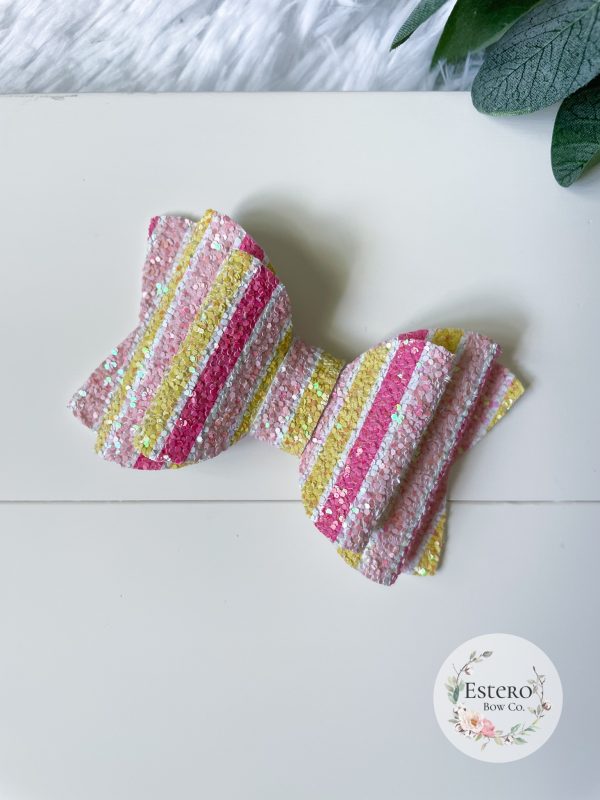 3.5” Pink Lemonade Summer Stripes Hair Bow - Image 2
