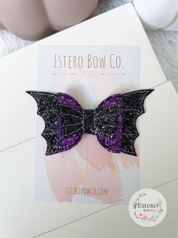 5” Black and Purple Glitter Bat Bow
