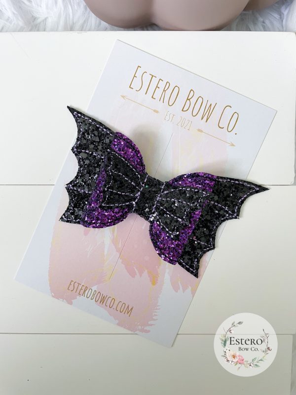 5” Black and Purple Glitter Bat Bow - Image 2