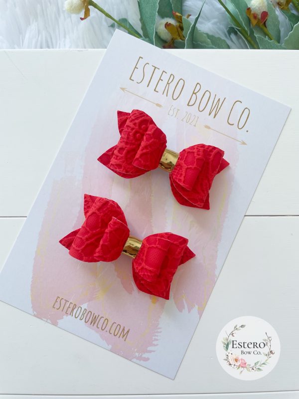 2.5” Red Embossed Lace Vegan Leather Pigtail Bows - Image 2