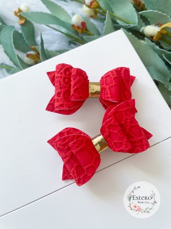 2.5” Red Embossed Lace Vegan Leather Pigtail Bows