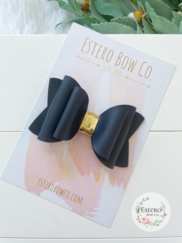 3.5” Navy Smooth Vegan Leather Hair Bow - Image 2
