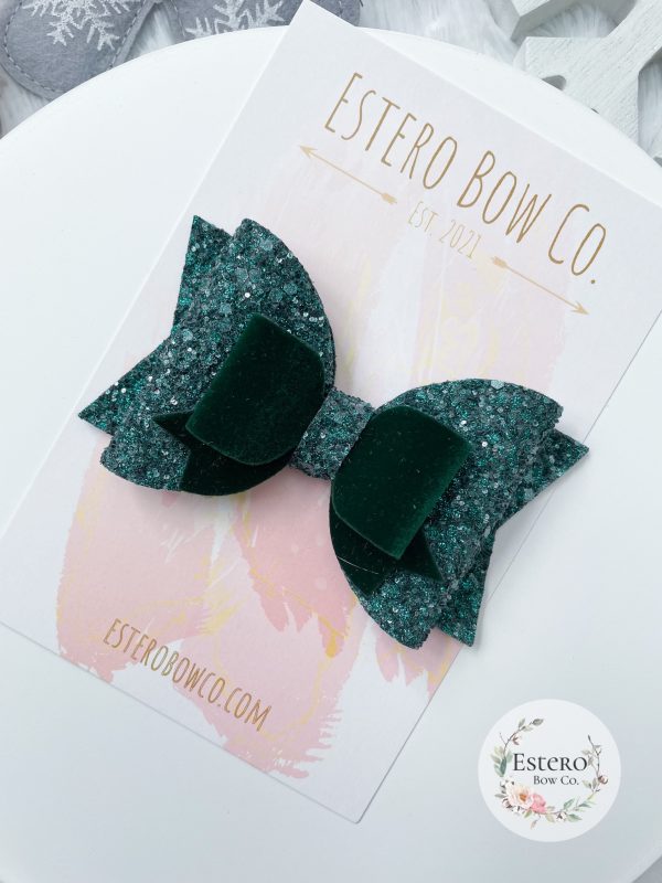 4” Green Glitter & Velvet Hair Bow - Image 2