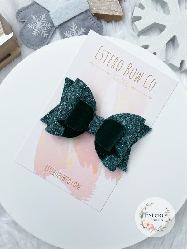 4” Green Glitter & Velvet Hair Bow - Image 3