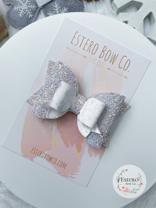 4” White Glitter & Velvet Hair Bow - Image 3