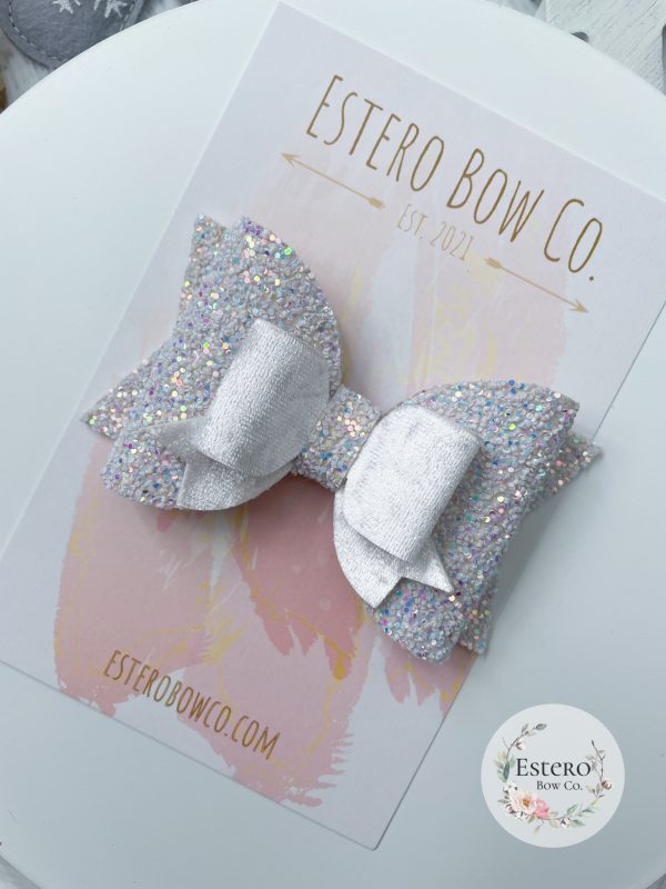 4” White Glitter & Velvet Hair Bow - Image 2