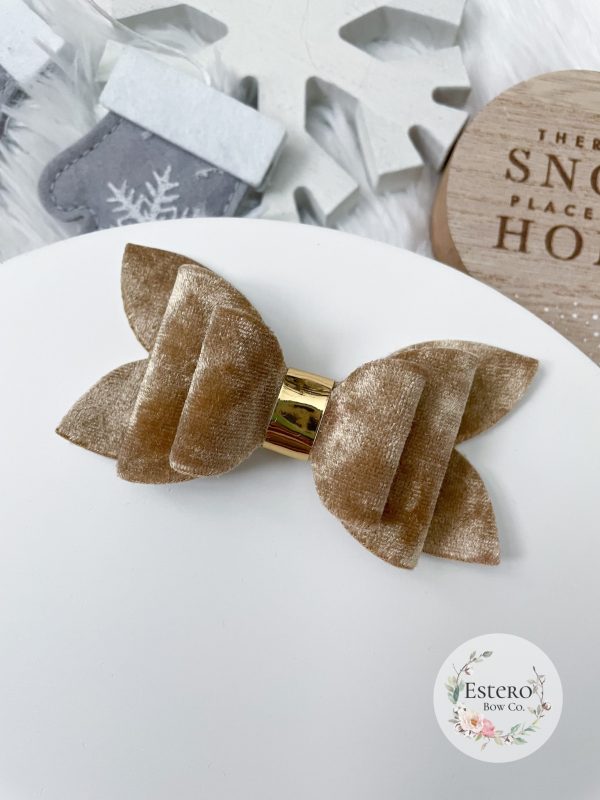 3.5” Champagne Crushed Velvet Hair Bow - Image 2