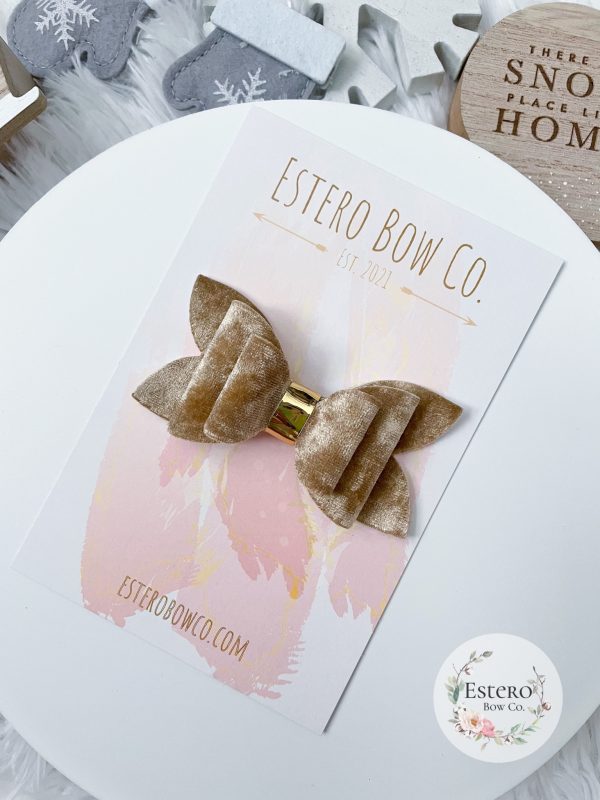 3.5” Champagne Crushed Velvet Hair Bow - Image 3