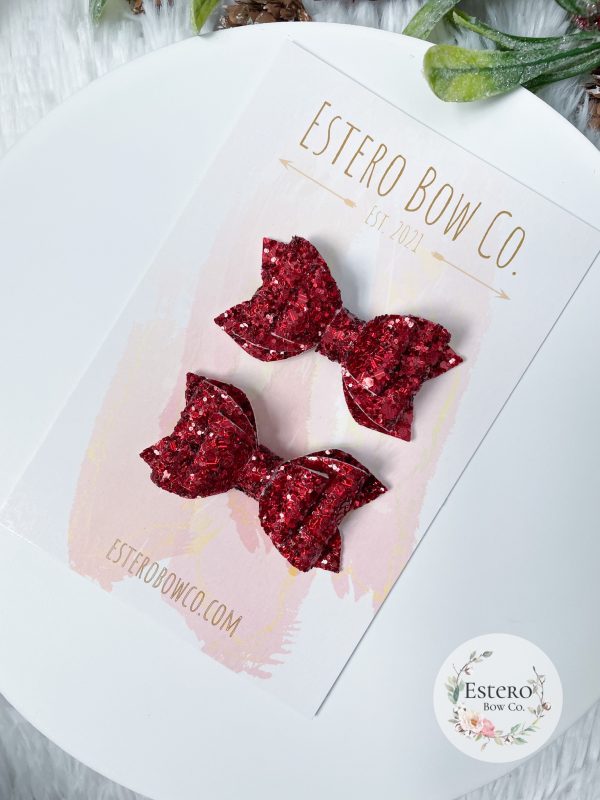 2.5” Ruby Red Glitter Hair Bow - Image 2