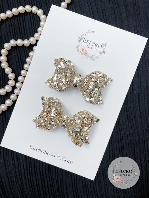 2.5” Classic Light Gold Glitter Pigtail Bows - Image 2