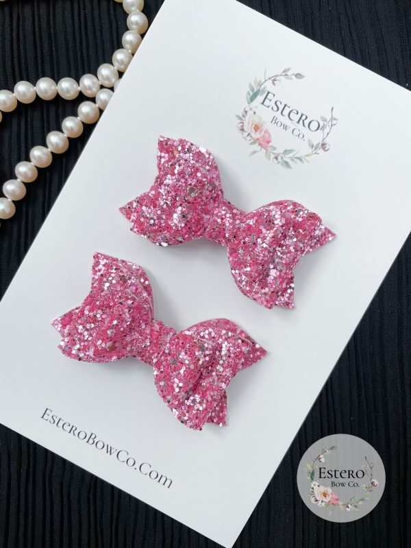 2.5” Pink Sparkle Pigtail Bows