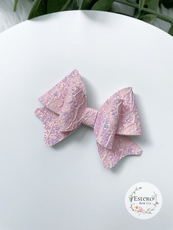 3" Light Pink Glitter Lace Hair Bow - Image 3