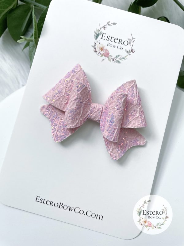 3" Light Pink Glitter Lace Hair Bow - Image 2
