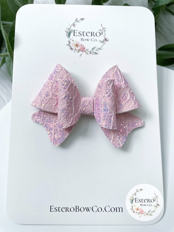 3" Light Pink Glitter Lace Hair Bow - Image 4