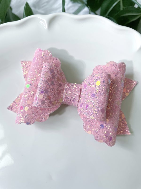 3.5” Pastel Pink Iridescent Glitter Hair Bow - Image 3