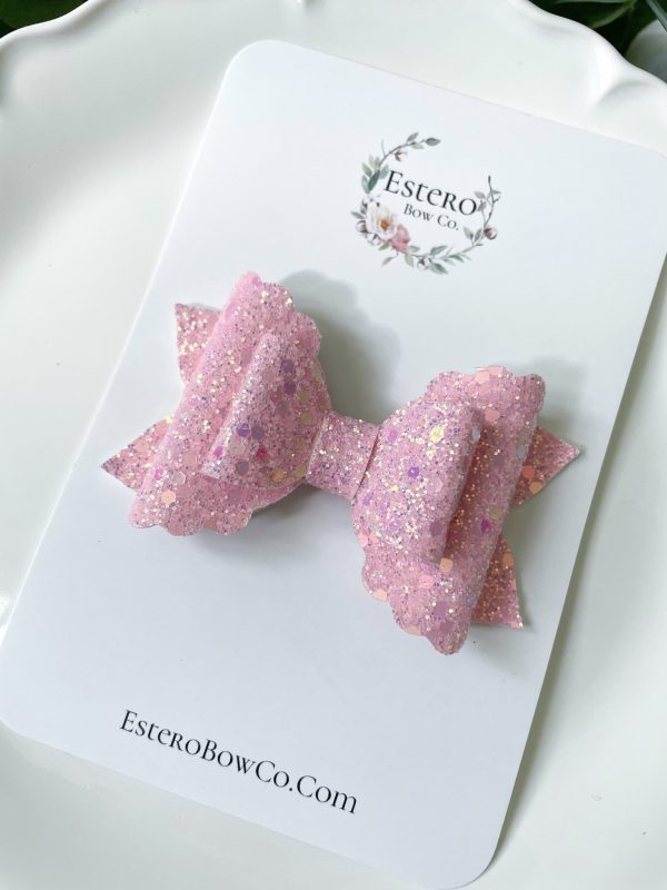 3.5” Pastel Pink Iridescent Glitter Hair Bow - Image 2