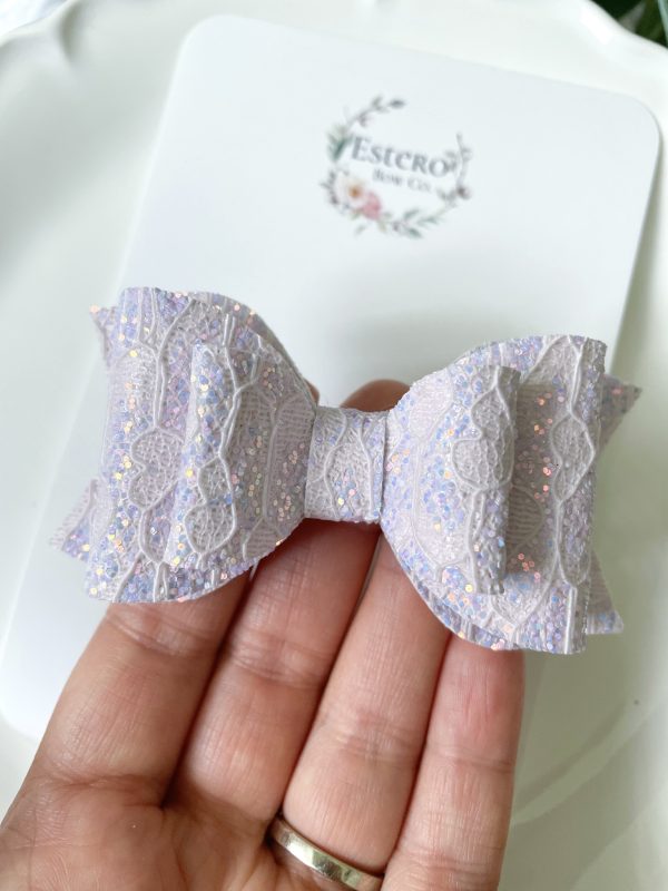3.5” The Violet Glitter Lace Hair Bow - Image 2