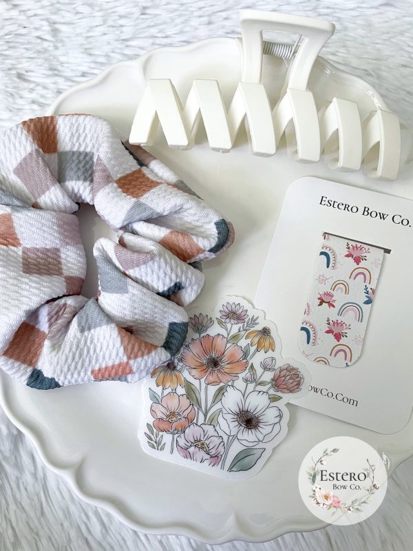 The Elevated Neutrals Gift Set: Scrunchie, Hair Claw, Waterproof Sticker and Magnetic Bookmark - Image 2