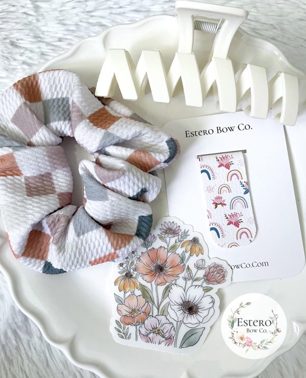 The Elevated Neutrals Gift Set: Scrunchie, Hair Claw, Waterproof Sticker and Magnetic Bookmark