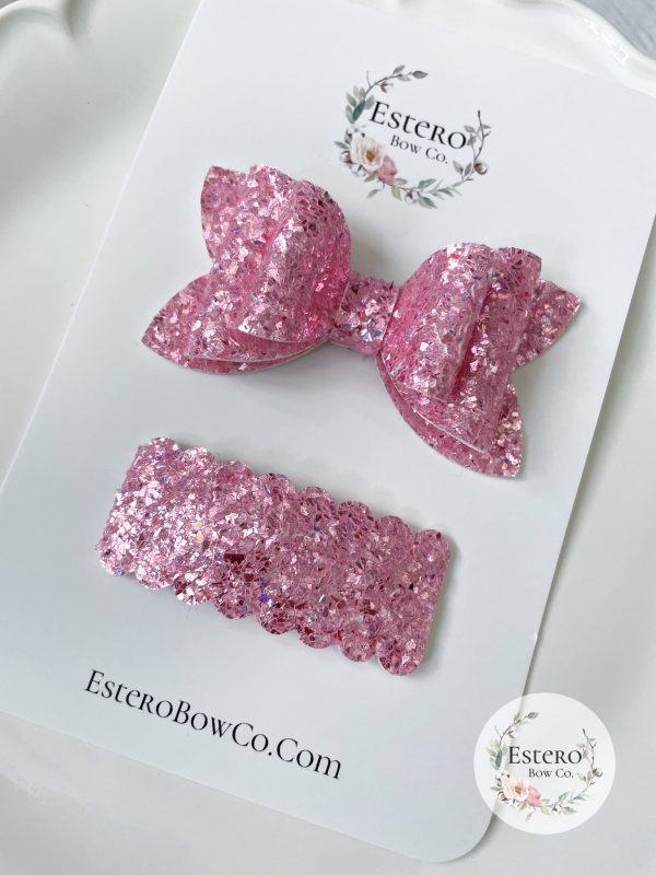 3” Pink Sparkle Glitter Hair Bow - Image 2