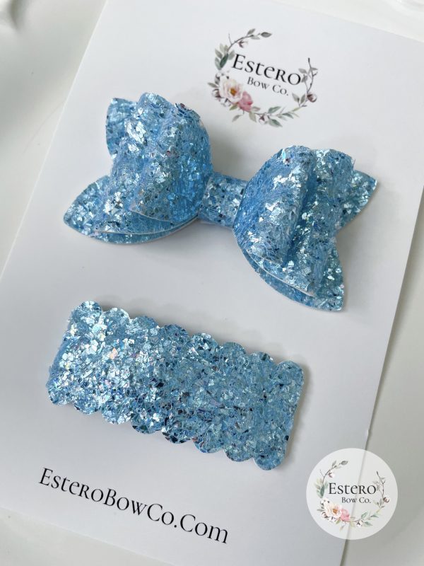 3” Light Blue Sparkle Glitter Hair Bow