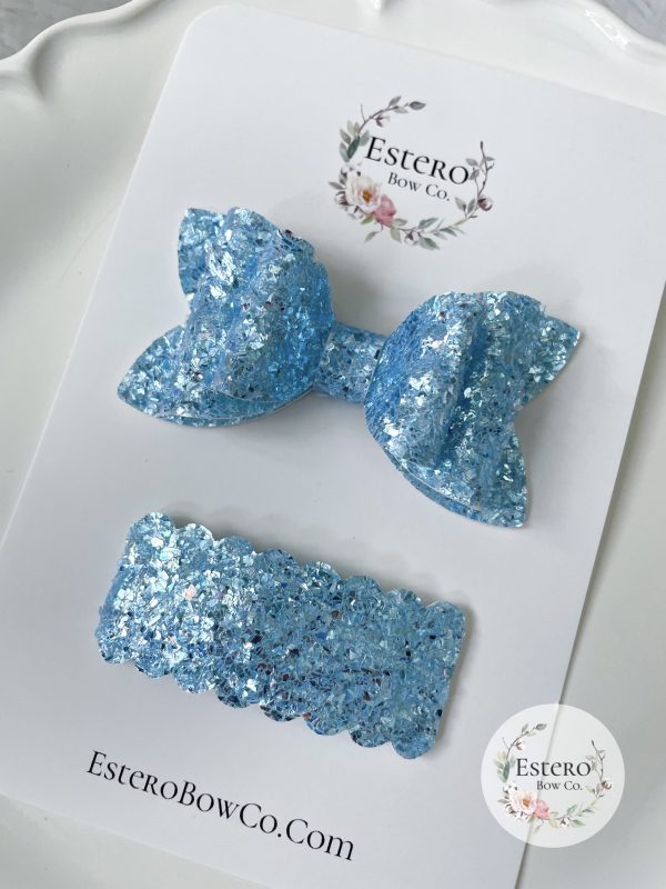 3” Light Blue Sparkle Glitter Hair Bow - Image 5