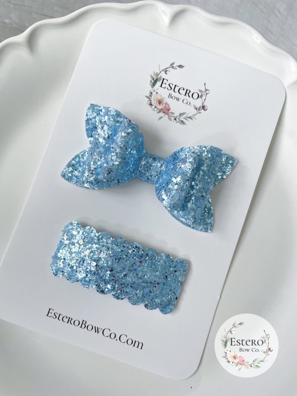 3” Light Blue Sparkle Glitter Hair Bow - Image 4