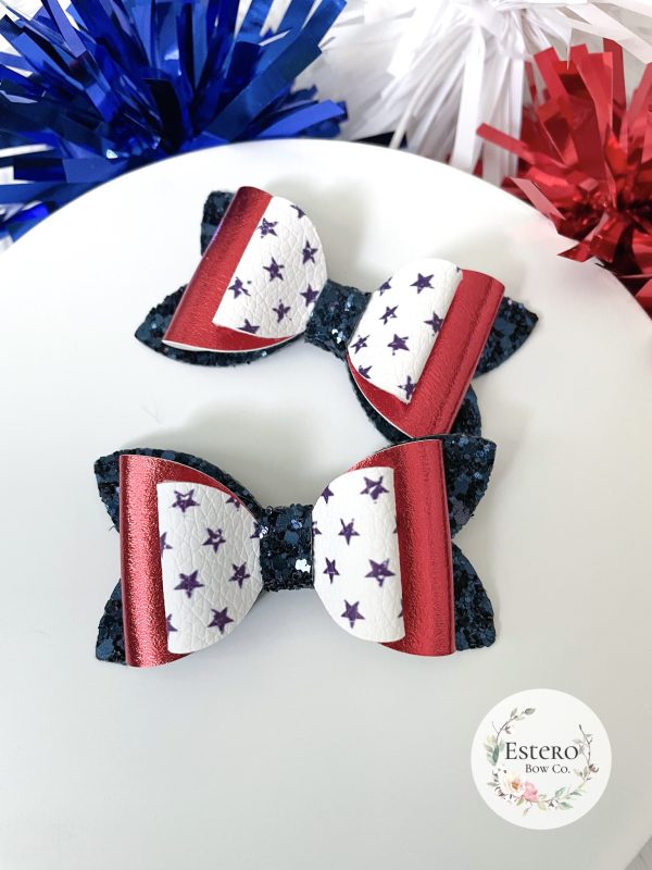 3" Vintage Blue Stars Hair Bow - Image 5