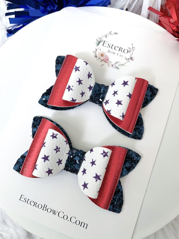 3" Vintage Blue Stars Hair Bow - Image 4