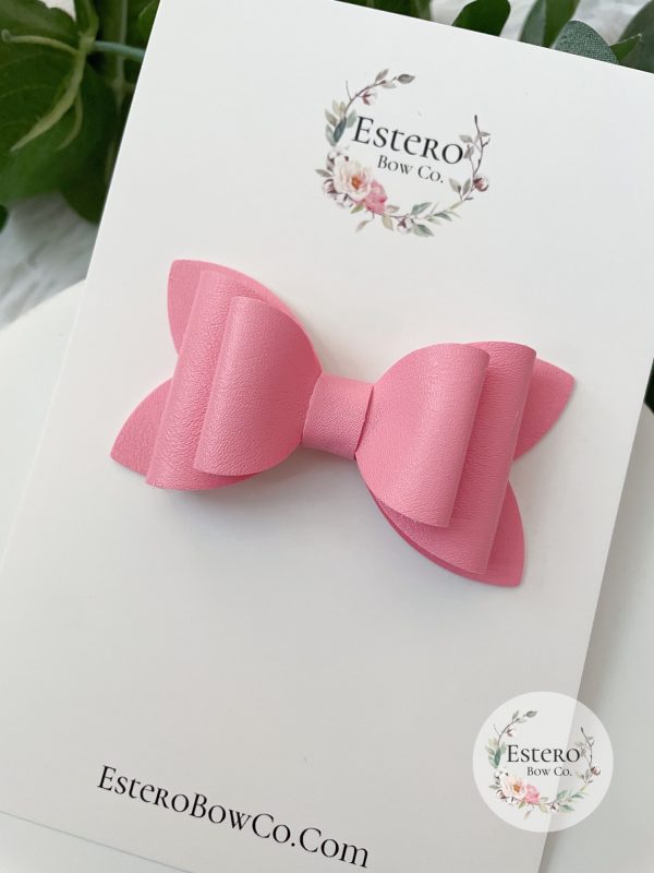 3" Pink Vegan Leather Hair Bow - Image 4