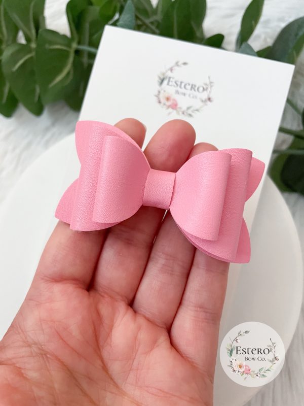 3" Pink Vegan Leather Hair Bow - Image 3