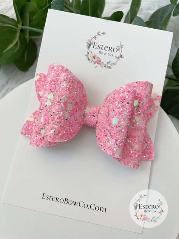4" Hot Pink Hearts Glitter Hair Bow - Image 2