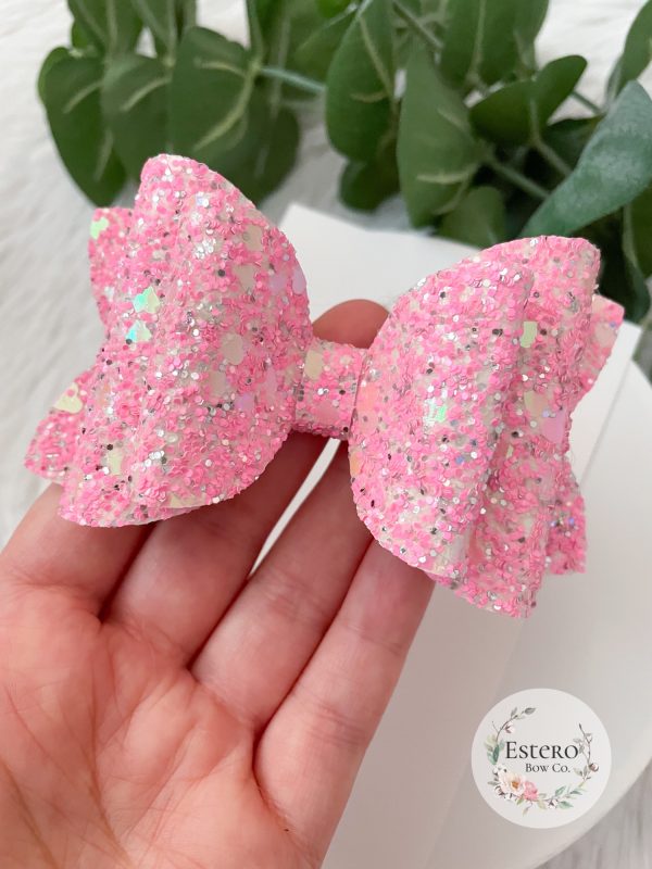 4" Hot Pink Hearts Glitter Hair Bow - Image 3