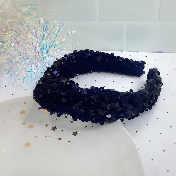 Premium Black Velvet Sequins Knotted Headband