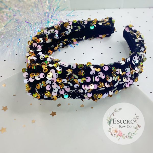 Premium Black Velvet w/Gold and White Sequins Knotted Headband