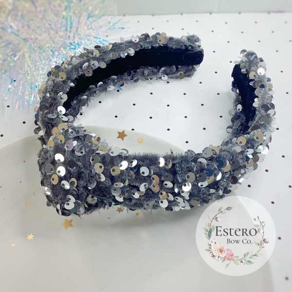 Premium Silver Velvet Sequins Knotted Headband