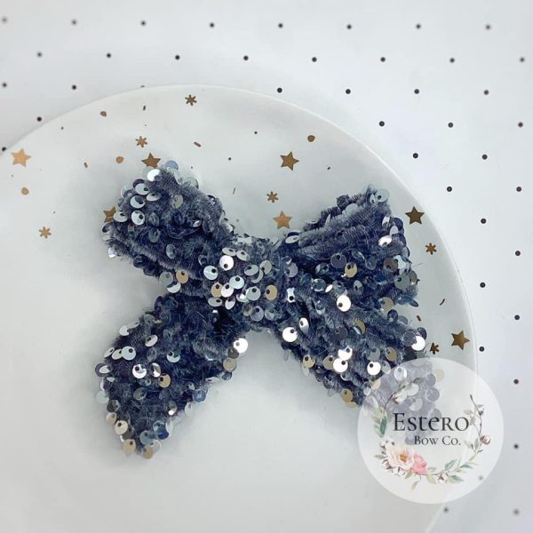 4.5" Premium Silver Velvet Sequins Hair Bow