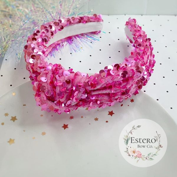 Premium Pink Velvet Sequins Knotted Headband