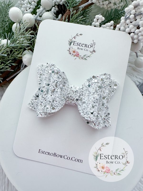 3.5” Silver and White Glitter Hair Bow - Image 2