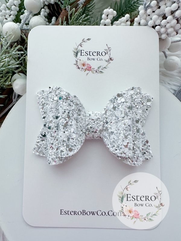 3.5” Silver and White Glitter Hair Bow