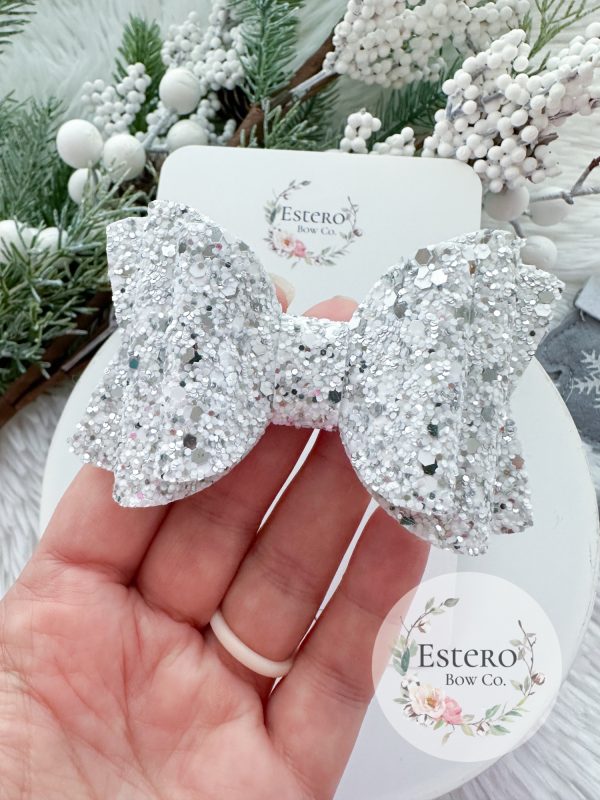 3.5” Silver and White Glitter Hair Bow - Image 3