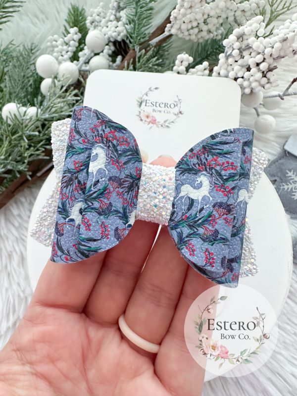 3.5” Christmas Unicorns Vegan Leather Hair Bow - Image 2