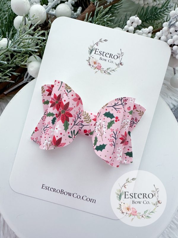 3.5” Pink Poinsettia Vegan Leather Hair Bow - Image 2