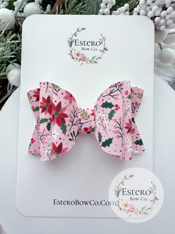 3.5” Pink Poinsettia Vegan Leather Hair Bow