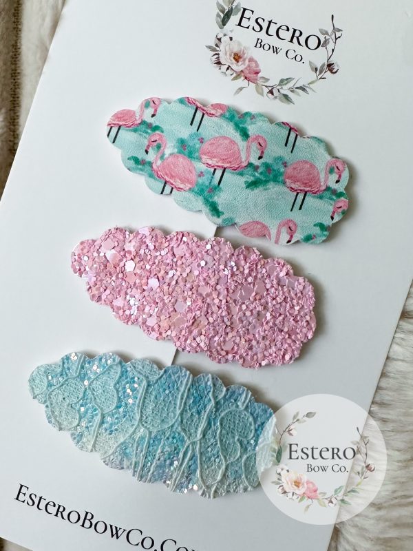 Flamingo Snap Clip Set of 3 - Pink Glitter, Blue Shimmer & Lace Hair Accessories - Image 2