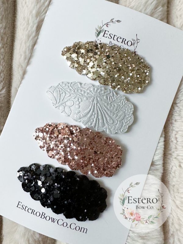 Essential Snap Clip Set of 4 - Gold Glitter, Silver Vegan Leather, Rose Gold & Black Glitter Hair Accessories - New Year’s, Holiday & Classic Hair Clips